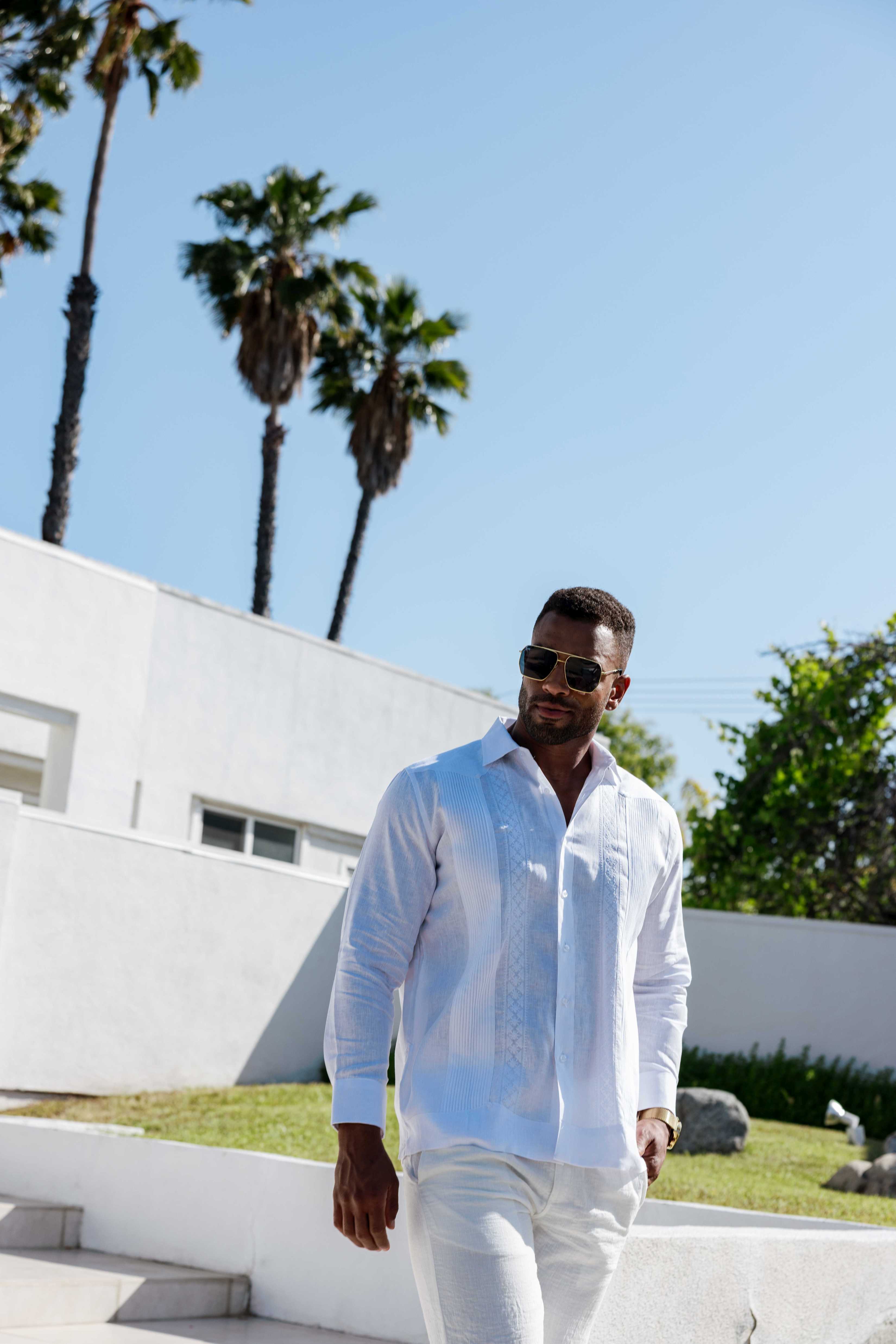 Men's 100% Linen Guayabera Shirt Long Sleeve - Geometric Embroidery