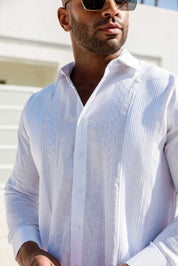 Men's 100% Linen Guayabera Shirt Long Sleeve - Geometric Embroidery
