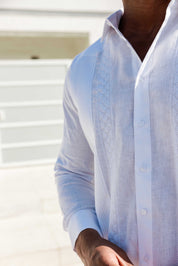 Men's 100% Linen Guayabera Shirt Long Sleeve - Geometric Embroidery