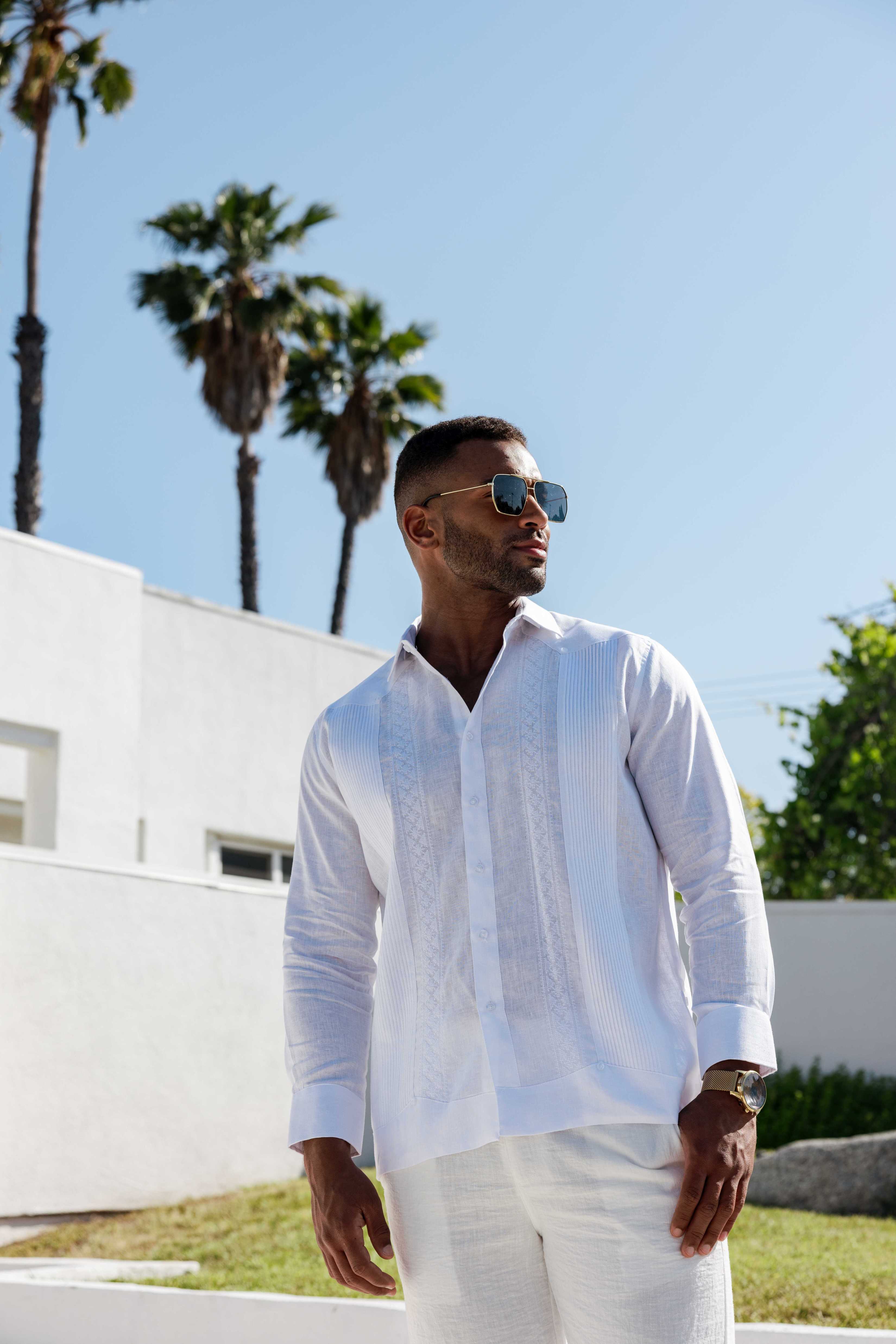 Men's 100% Linen Guayabera Shirt Long Sleeve - Geometric Embroidery