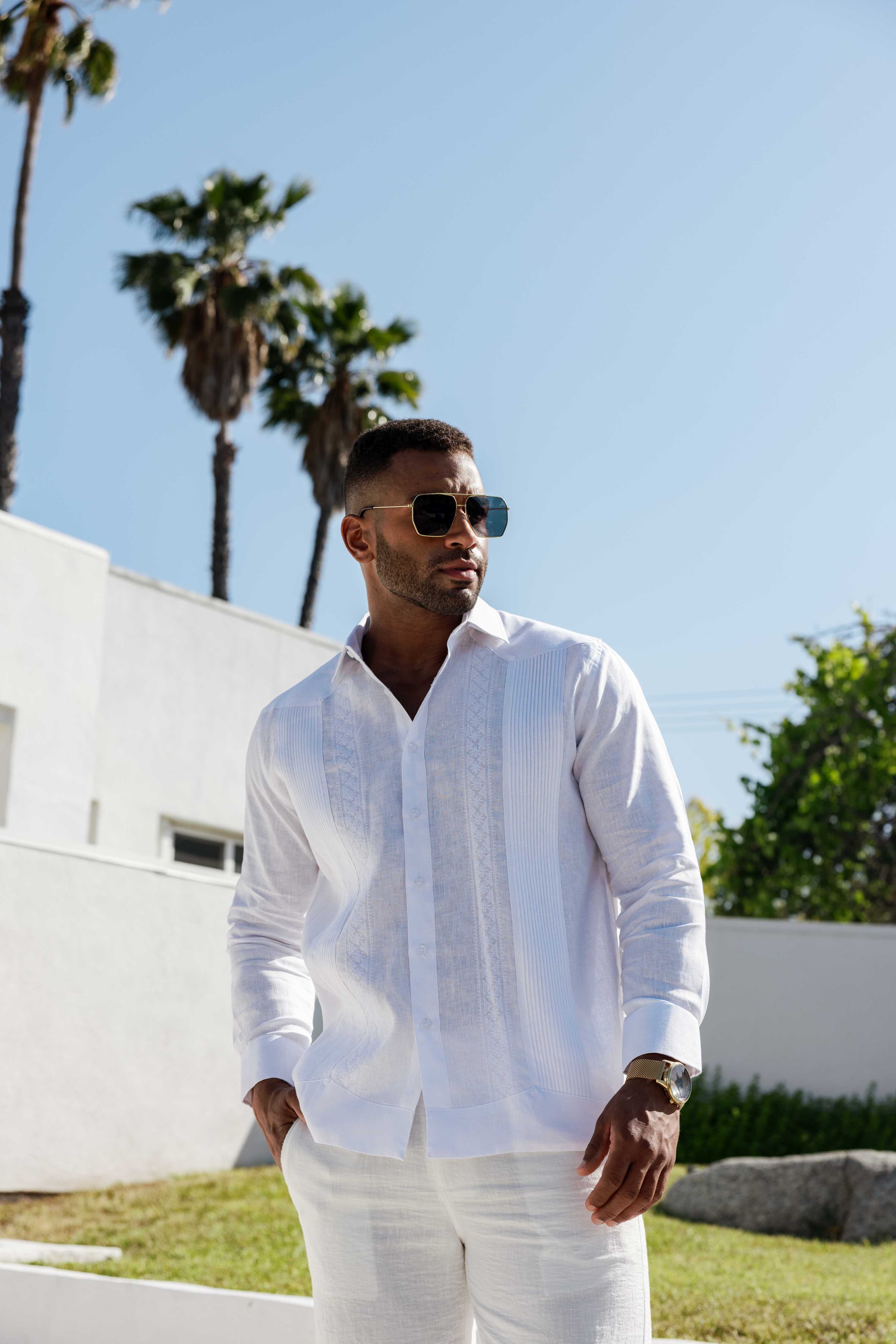 Men's 100% Linen Guayabera Shirt Long Sleeve - Geometric Embroidery