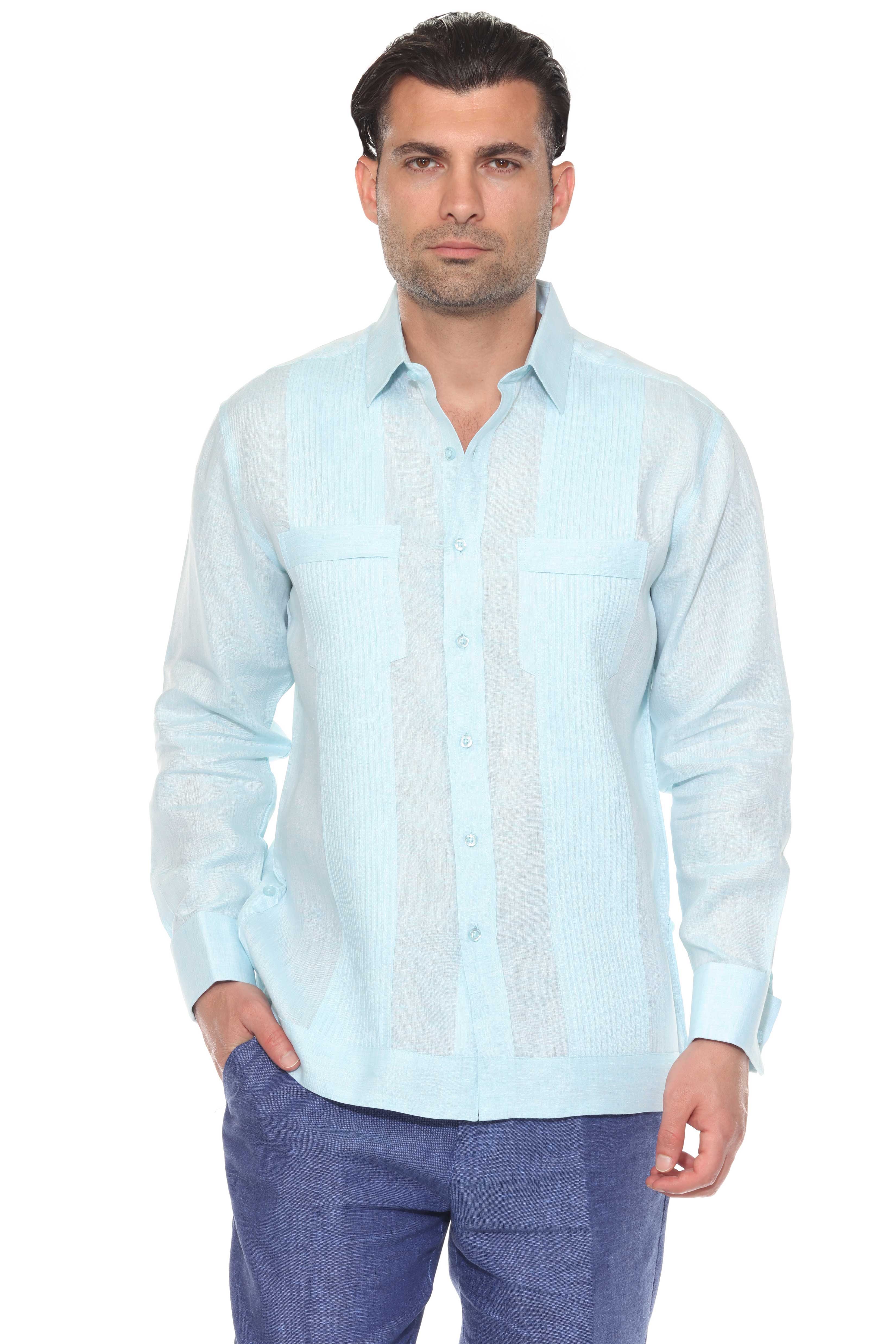 Camisa Guayabera de Lino 100% para Hombre, Manga Larga - Pliegues Tonales