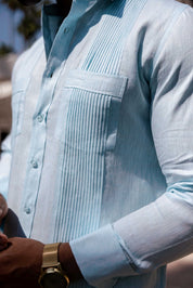 Camisa Guayabera de Lino 100% para Hombre, Manga Larga - Pliegues Tonales