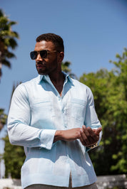 Camisa Guayabera de Lino 100% para Hombre, Manga Larga - Pliegues Tonales