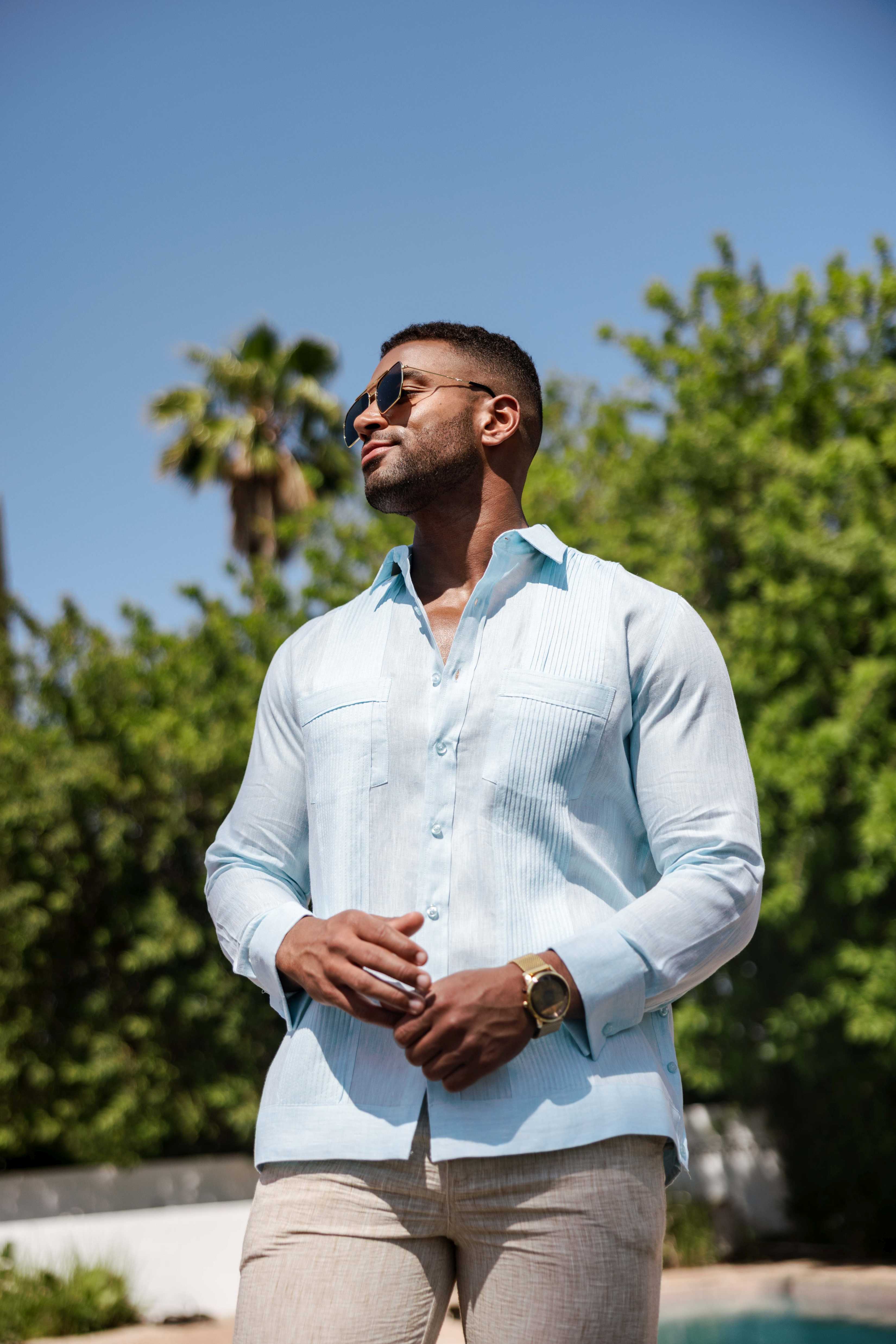 Camisa Guayabera de Lino 100% para Hombre, Manga Larga - Pliegues Tonales