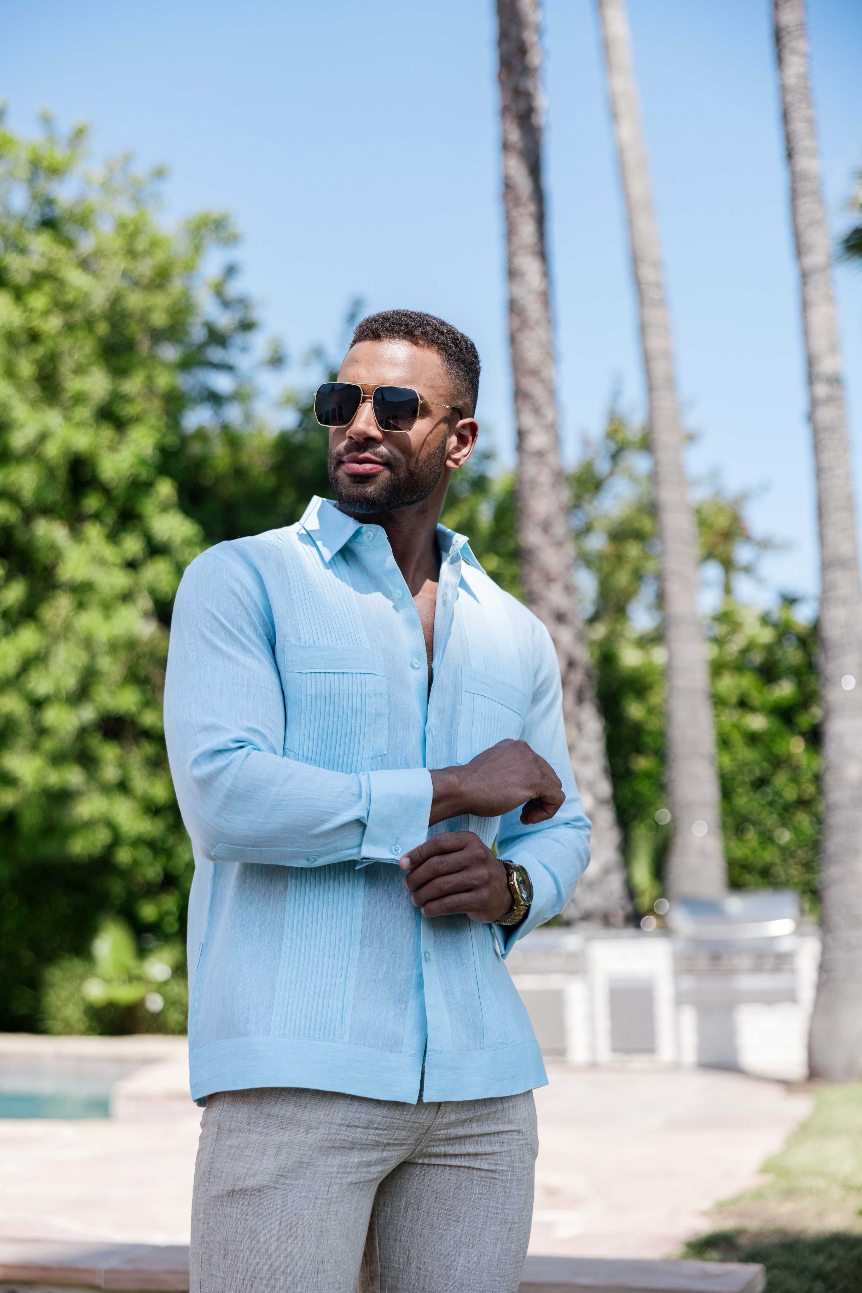 Camisa Guayabera de Lino 100% para Hombre, Manga Larga - Pliegues Tonales