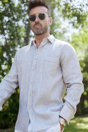 Camisa Guayabera de Lino 100% para Hombre, Manga Larga - Pliegues Tonales