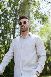 Camisa Guayabera de Lino 100% para Hombre, Manga Larga - Pliegues Tonales