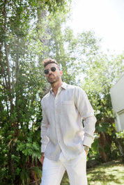 Camisa Guayabera de Lino 100% para Hombre, Manga Larga - Pliegues Tonales