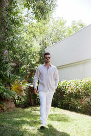 Camisa Guayabera de Lino 100% para Hombre, Manga Larga - Pliegues Tonales