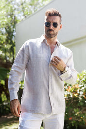 Camisa Guayabera de Lino 100% para Hombre, Manga Larga - Pliegues Tonales