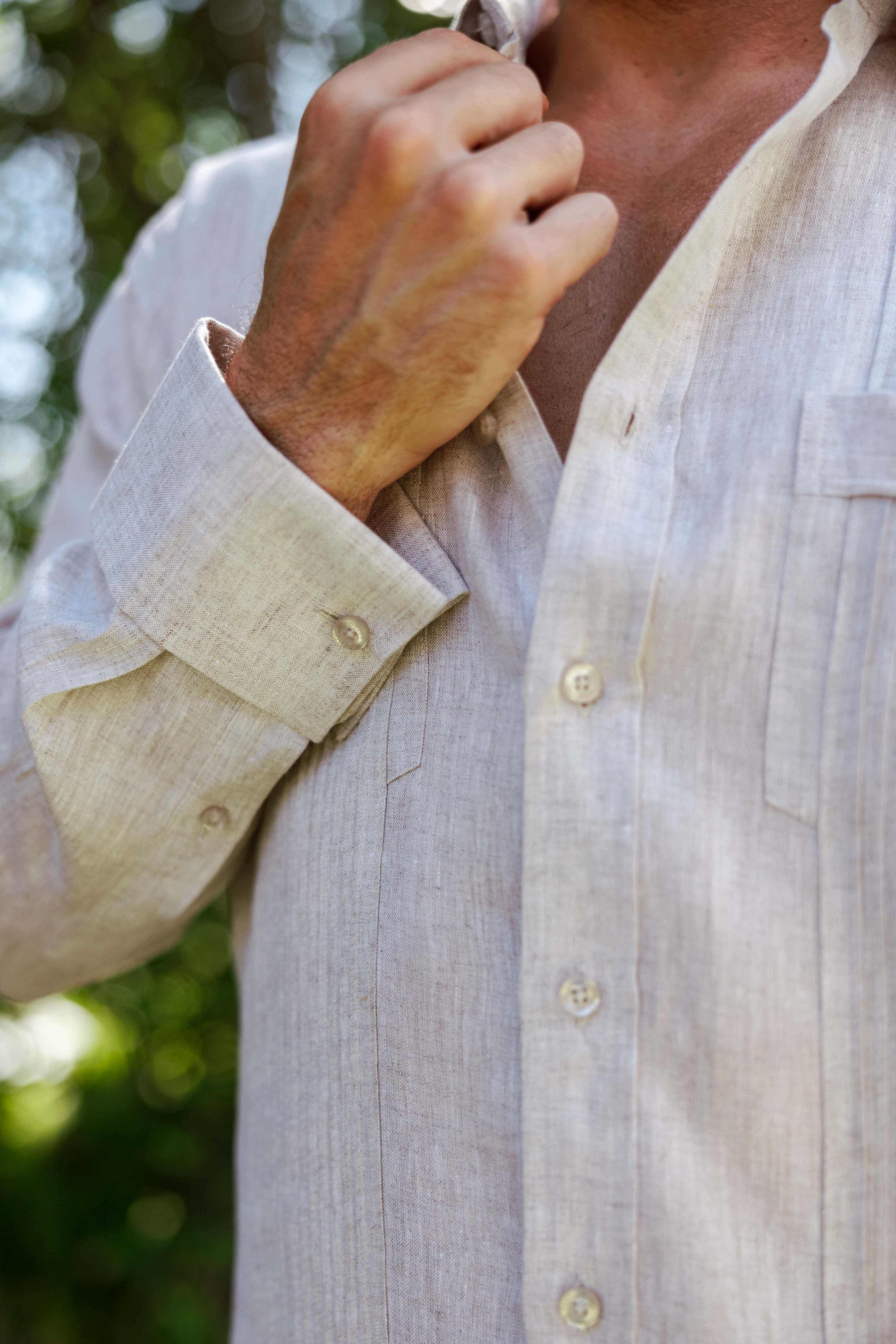 Camisa Guayabera de Lino 100% para Hombre, Manga Larga - Pliegues Tonales