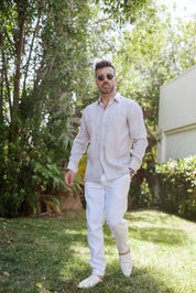 Camisa Guayabera de Lino 100% para Hombre, Manga Larga - Pliegues Tonales