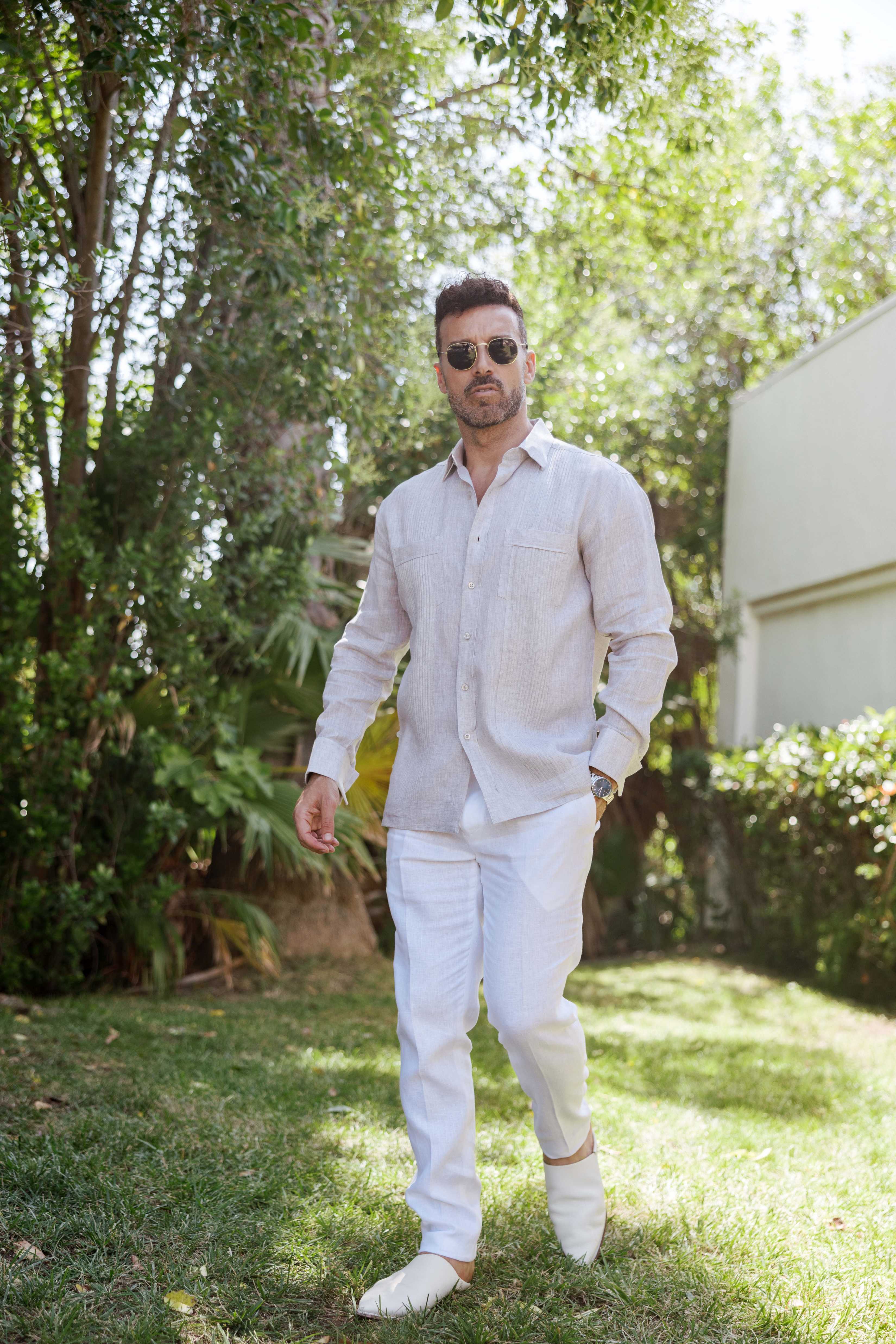 Camisa Guayabera de Lino 100% para Hombre, Manga Larga - Pliegues Tonales