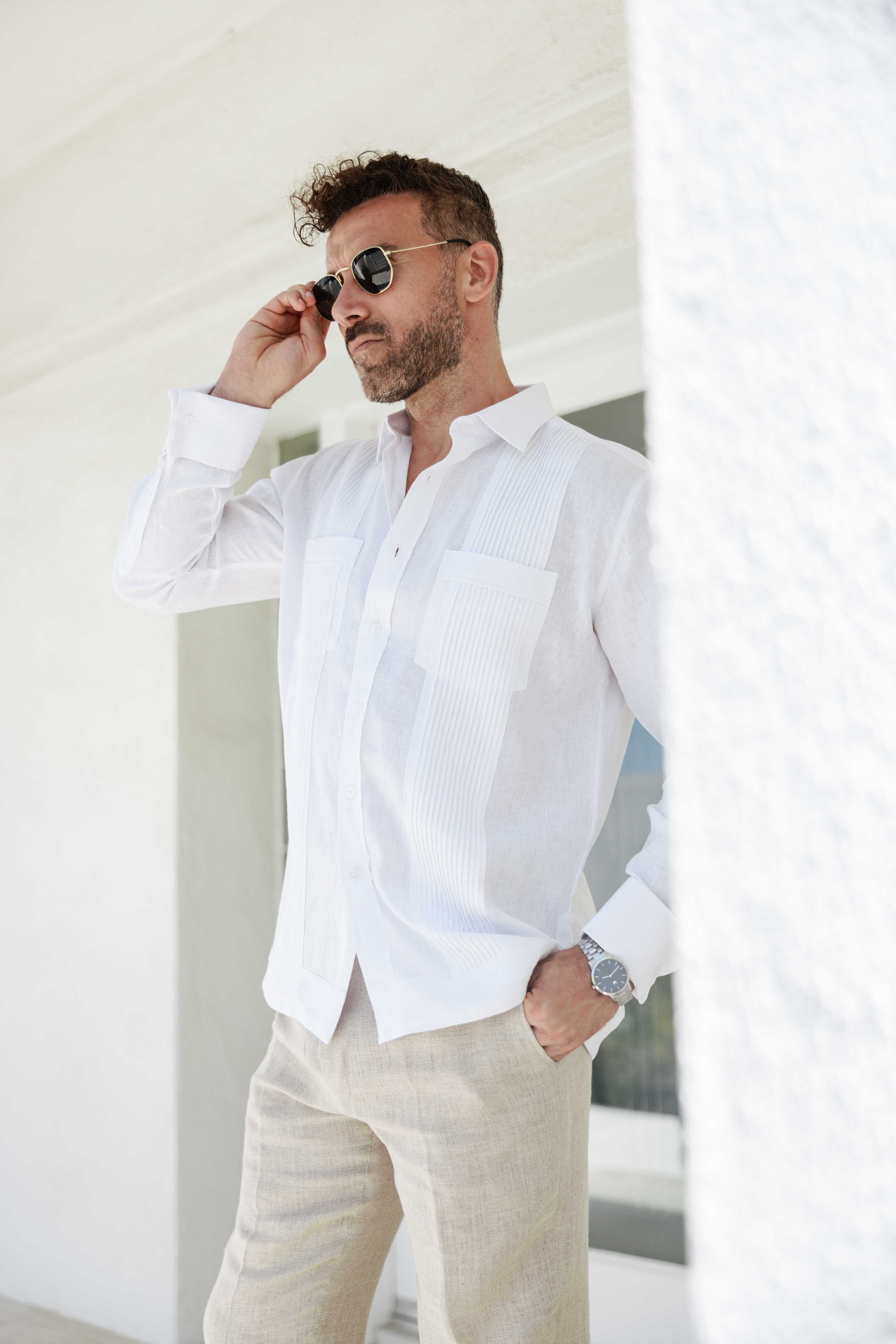 Camisa Guayabera de Lino 100% para Hombre, Manga Larga - Pliegues Tonales