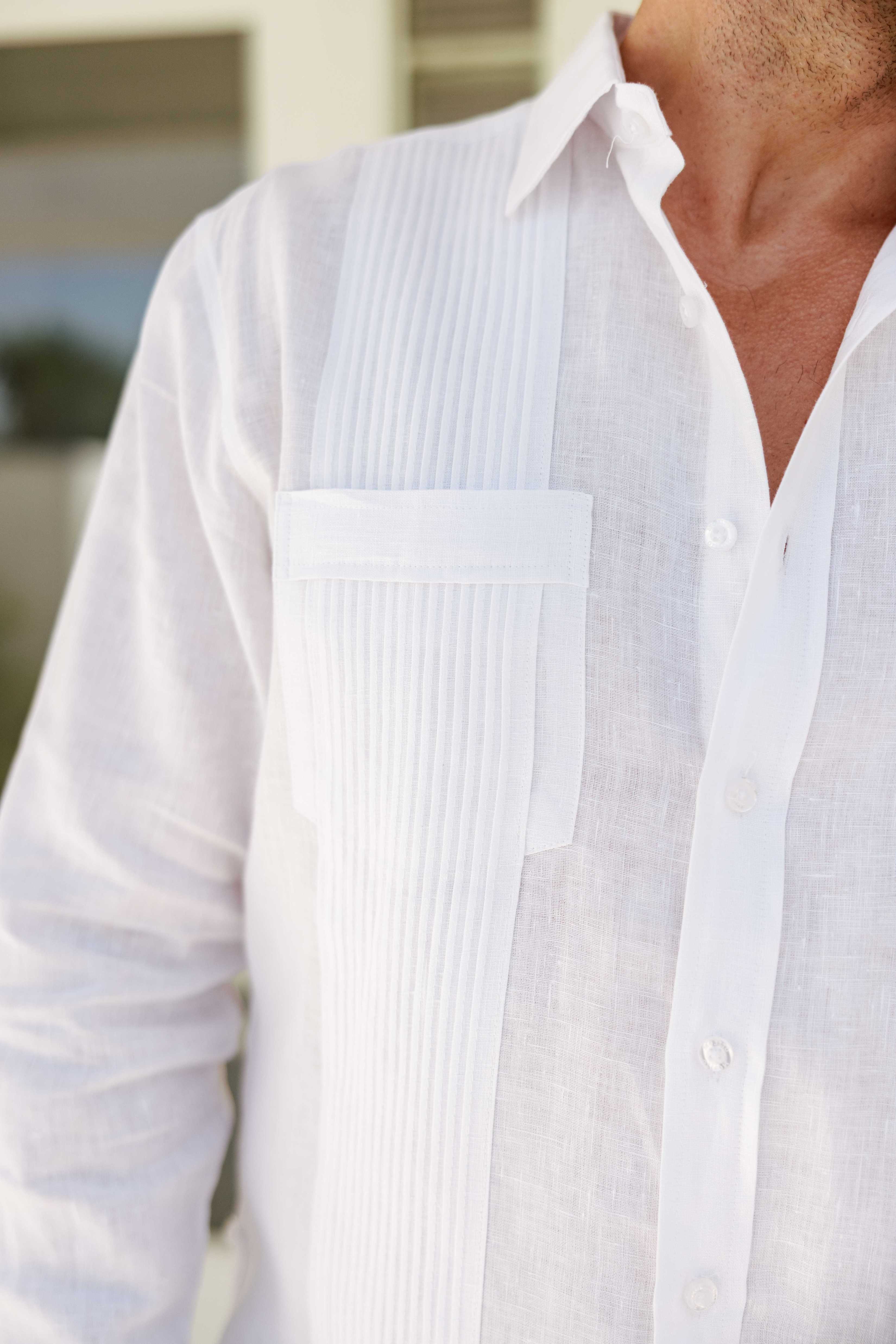 Camisa Guayabera de Lino 100% para Hombre, Manga Larga - Pliegues Tonales