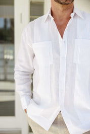 Camisa Guayabera de Lino 100% para Hombre, Manga Larga - Pliegues Tonales