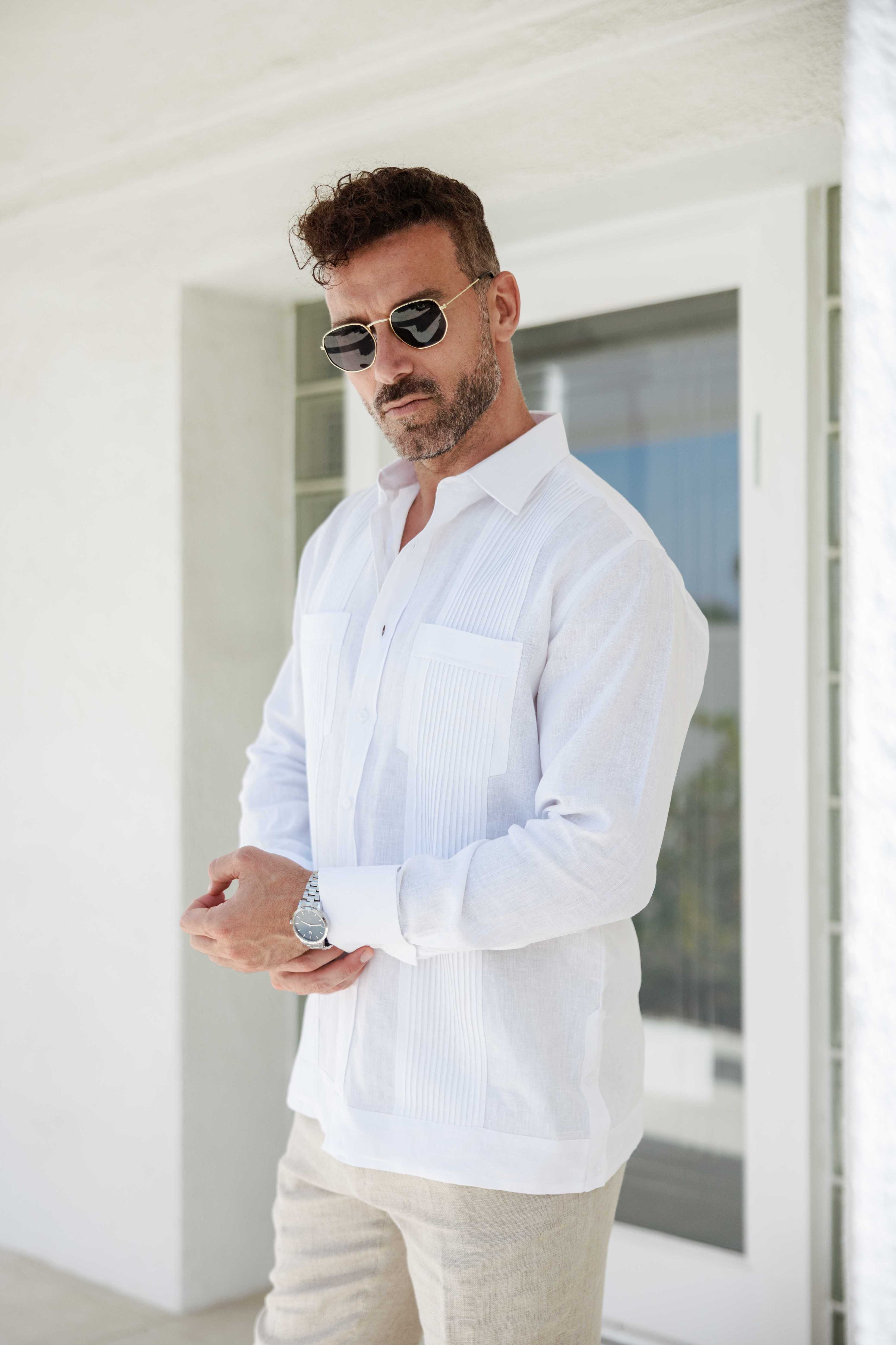 Camisa Guayabera de Lino 100% para Hombre, Manga Larga - Pliegues Tonales