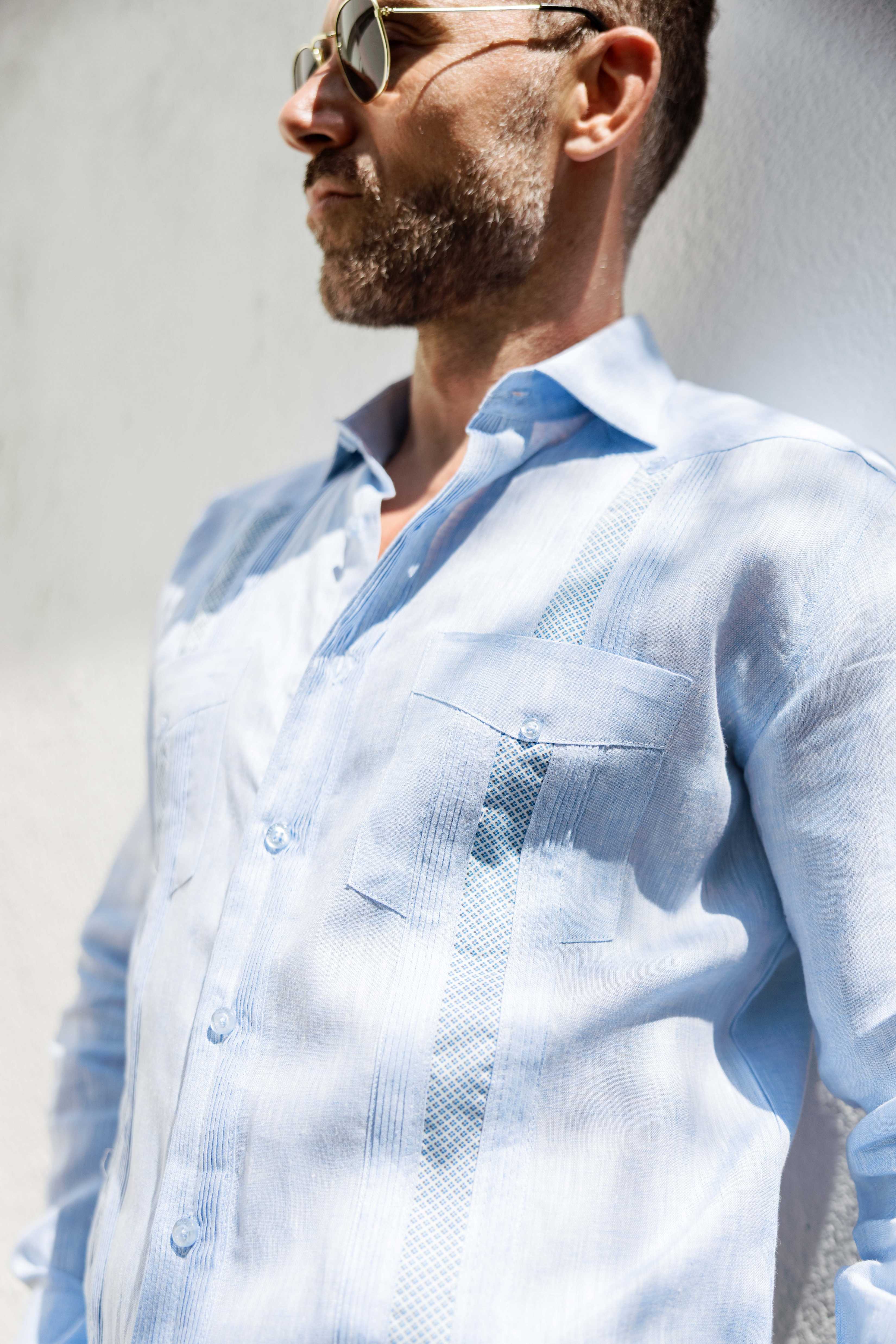 Camisa Guayabera de Lino 100% para Hombre, Manga Larga - Bordado Artesanal