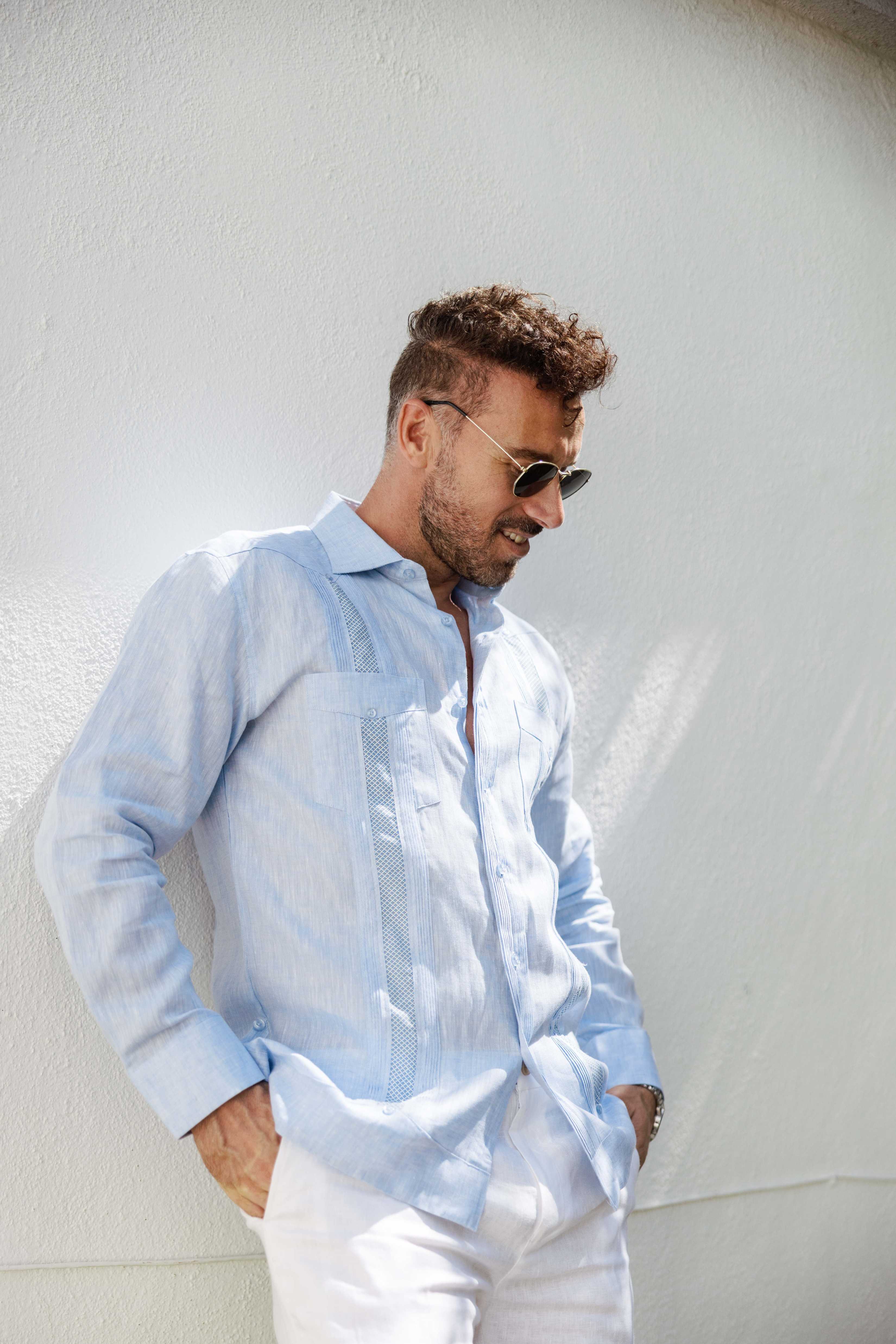 Camisa Guayabera de Lino 100% para Hombre, Manga Larga - Bordado Artesanal