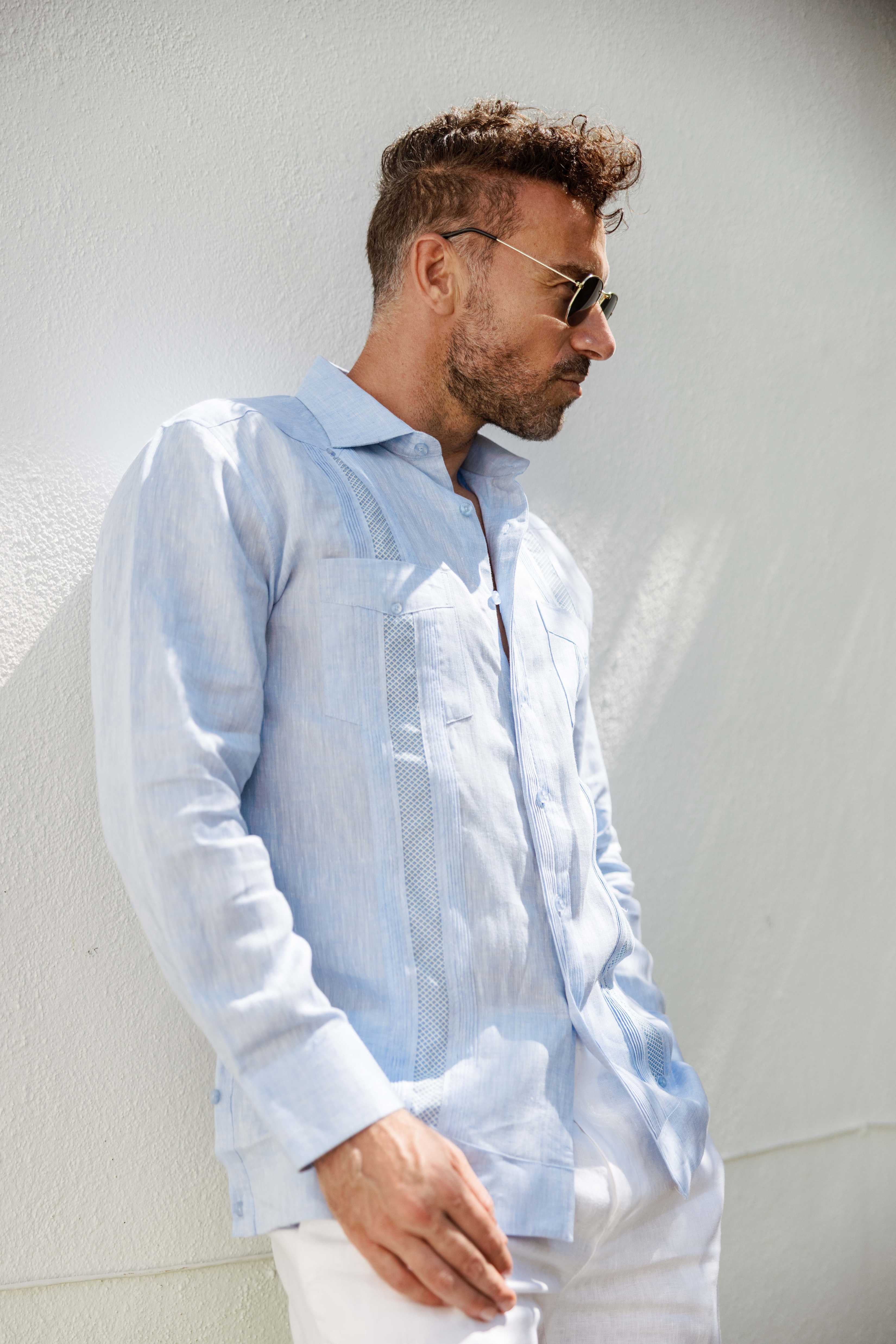 Camisa Guayabera de Lino 100% para Hombre, Manga Larga - Bordado Artesanal