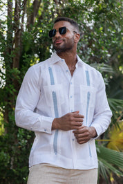 Camisa Guayabera de Lino 100% para Hombre, Manga Larga - Bordado Artesanal