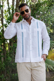 Camisa Guayabera de Lino 100% para Hombre, Manga Larga - Bordado Artesanal