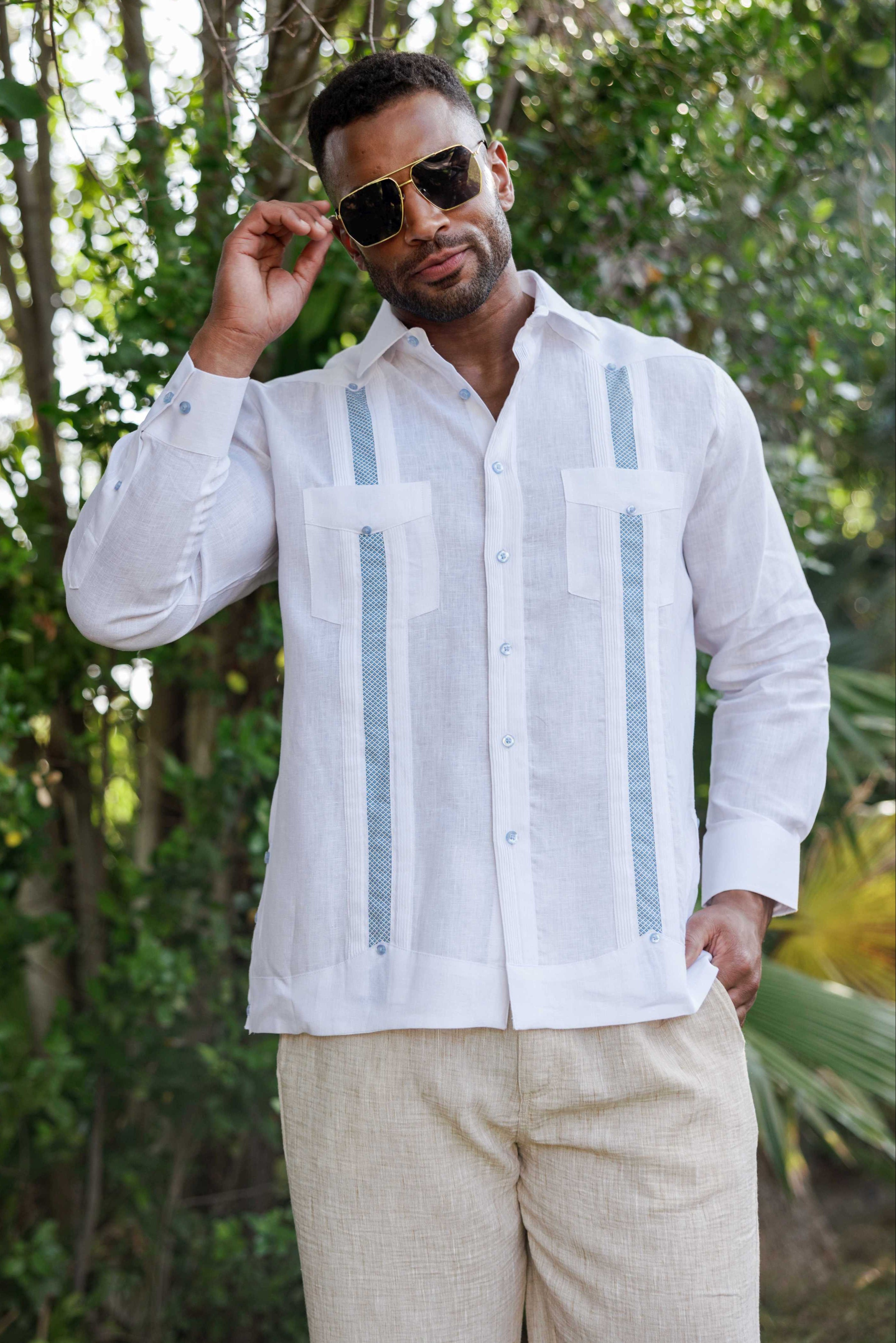 Camisa Guayabera de Lino 100% para Hombre, Manga Larga - Bordado Artesanal