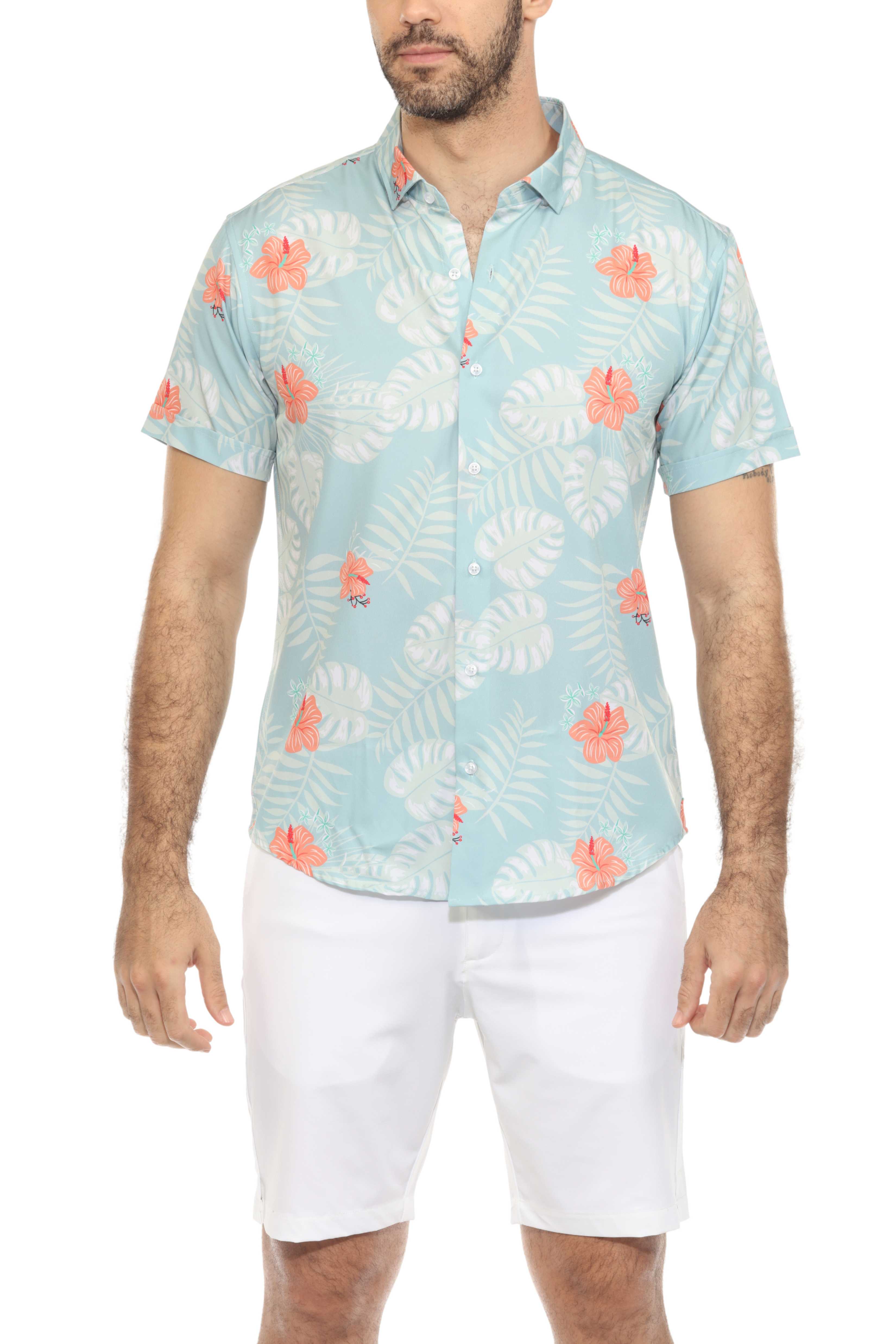 Men’s Aqua Floral Short Sleeve Stretch Shirt