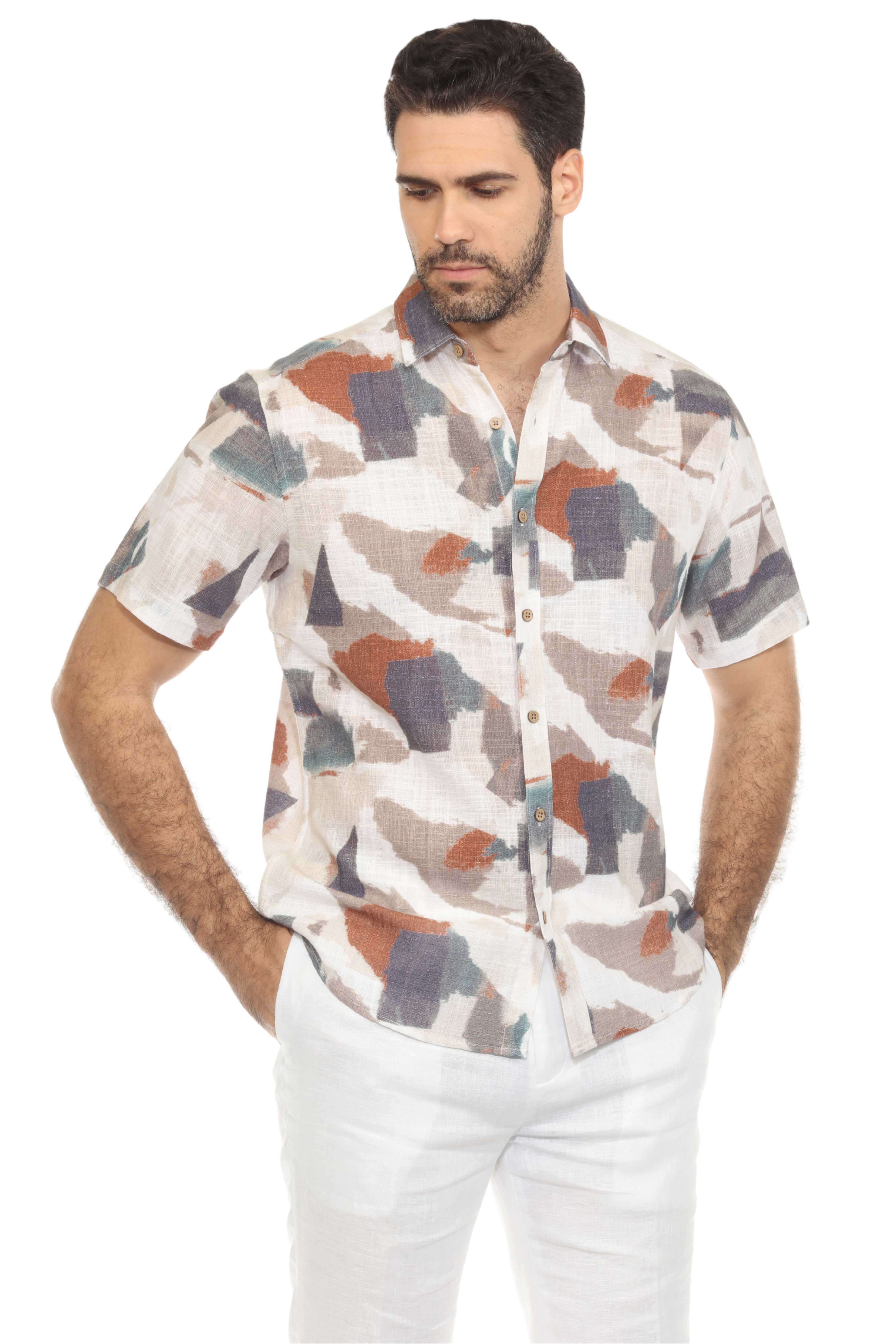 Men's Resort Style Casual Linen Blend Colorful Abstract Print Shirt