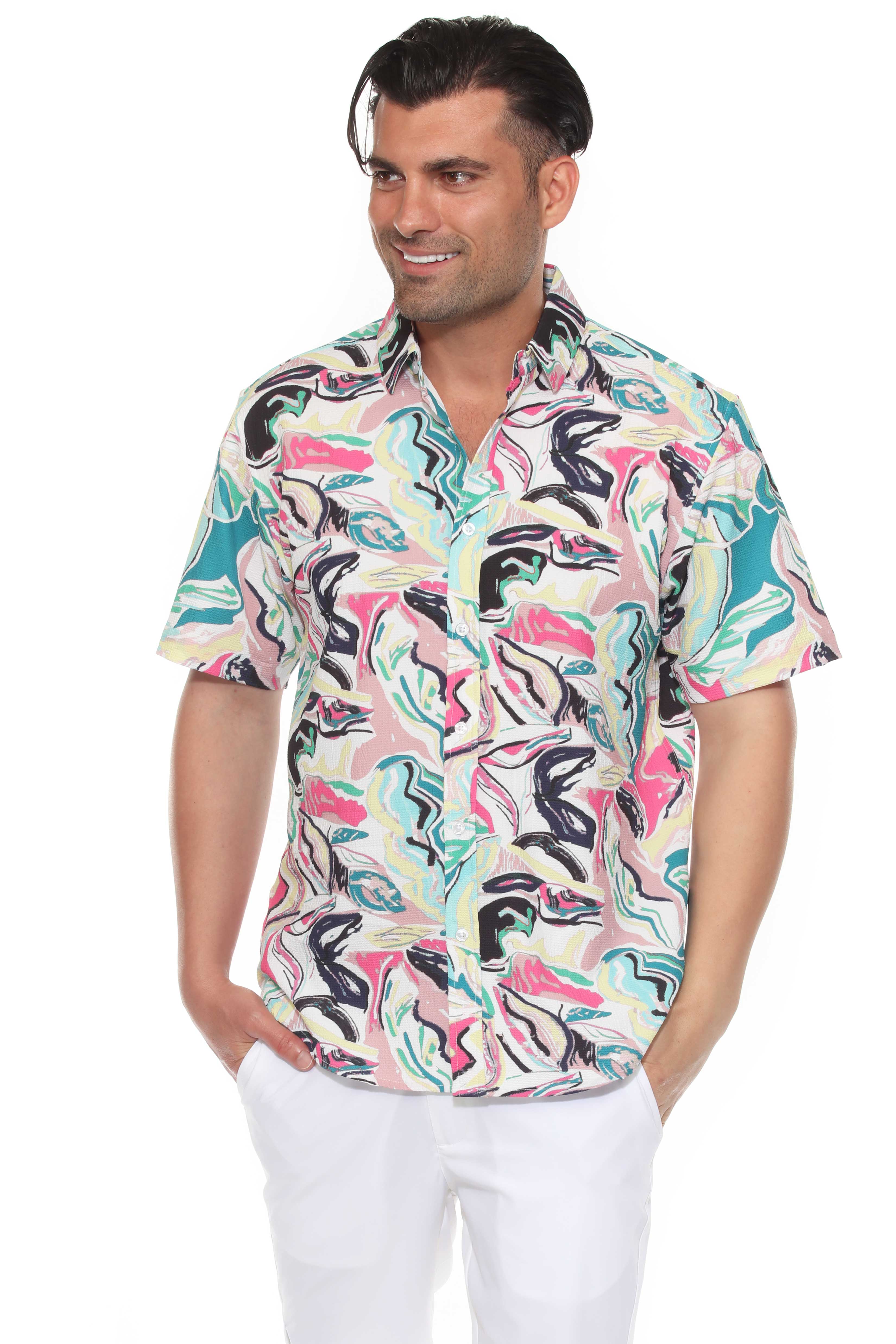 Men's Resort Style Casual Festive Print Searsucker Textured Shirt
