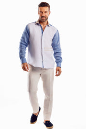 Camisa azul con paneles en contraste 100 % lino para hombre