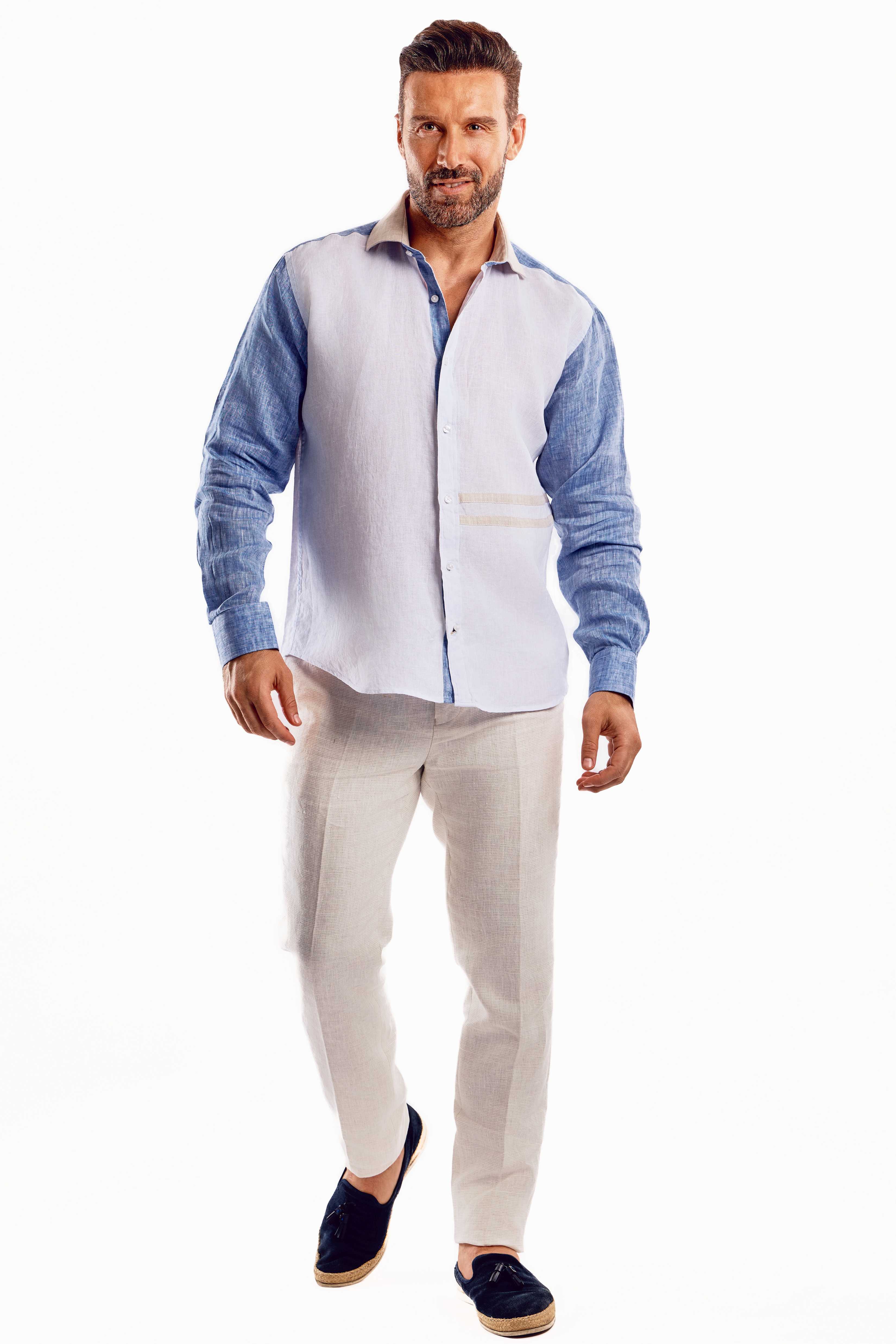 Camisa azul con paneles en contraste 100 % lino para hombre