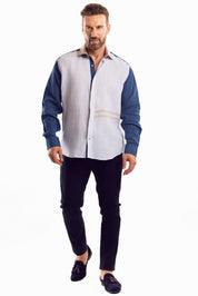 Camisa azul con paneles en contraste 100 % lino para hombre