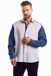 Camisa azul con paneles en contraste 100 % lino para hombre