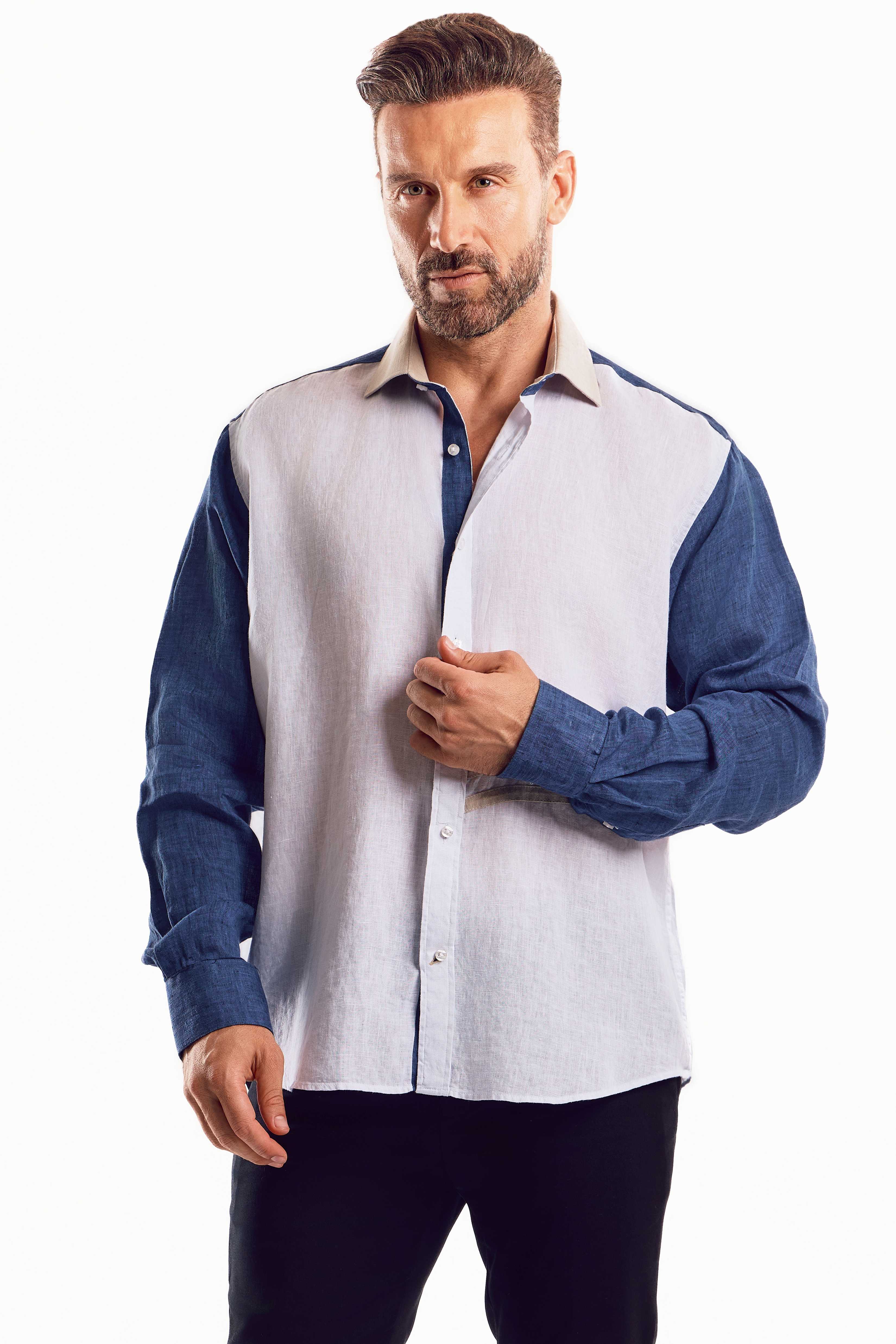 Camisa azul con paneles en contraste 100 % lino para hombre