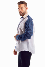Camisa azul con paneles en contraste 100 % lino para hombre