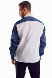 Camisa azul con paneles en contraste 100 % lino para hombre