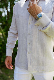 Camisa Guayabera de Lino 100% para Hombre, Manga Larga - Pliegues Tonales