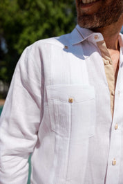 Men's 100% Linen Guayabera Shirt Long Sleeve - Contrast Vertical & Collar Accent Trim