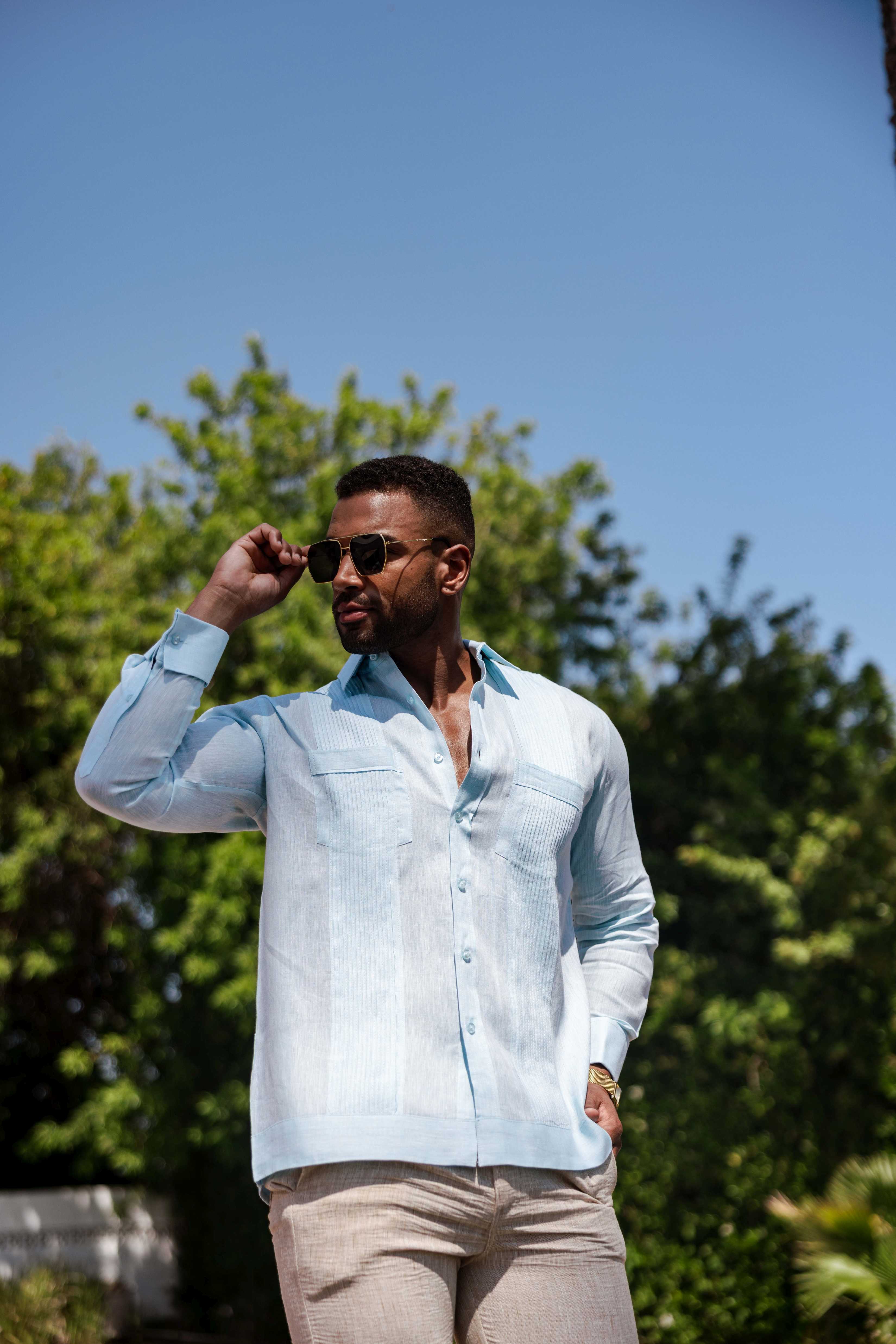 Camisa Guayabera de Lino 100% para Hombre, Manga Larga - Pliegues Tonales