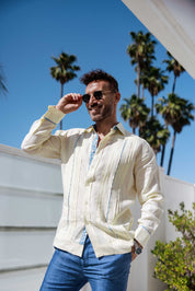 Camisa Guayabera de Lino 100% para Hombre, Manga Larga - Ribete Floral en Contraste y Bordado Azul