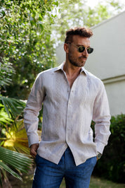 Men's 100% Linen Guayabera Shirt Long Sleeve - Geometric Embroidery