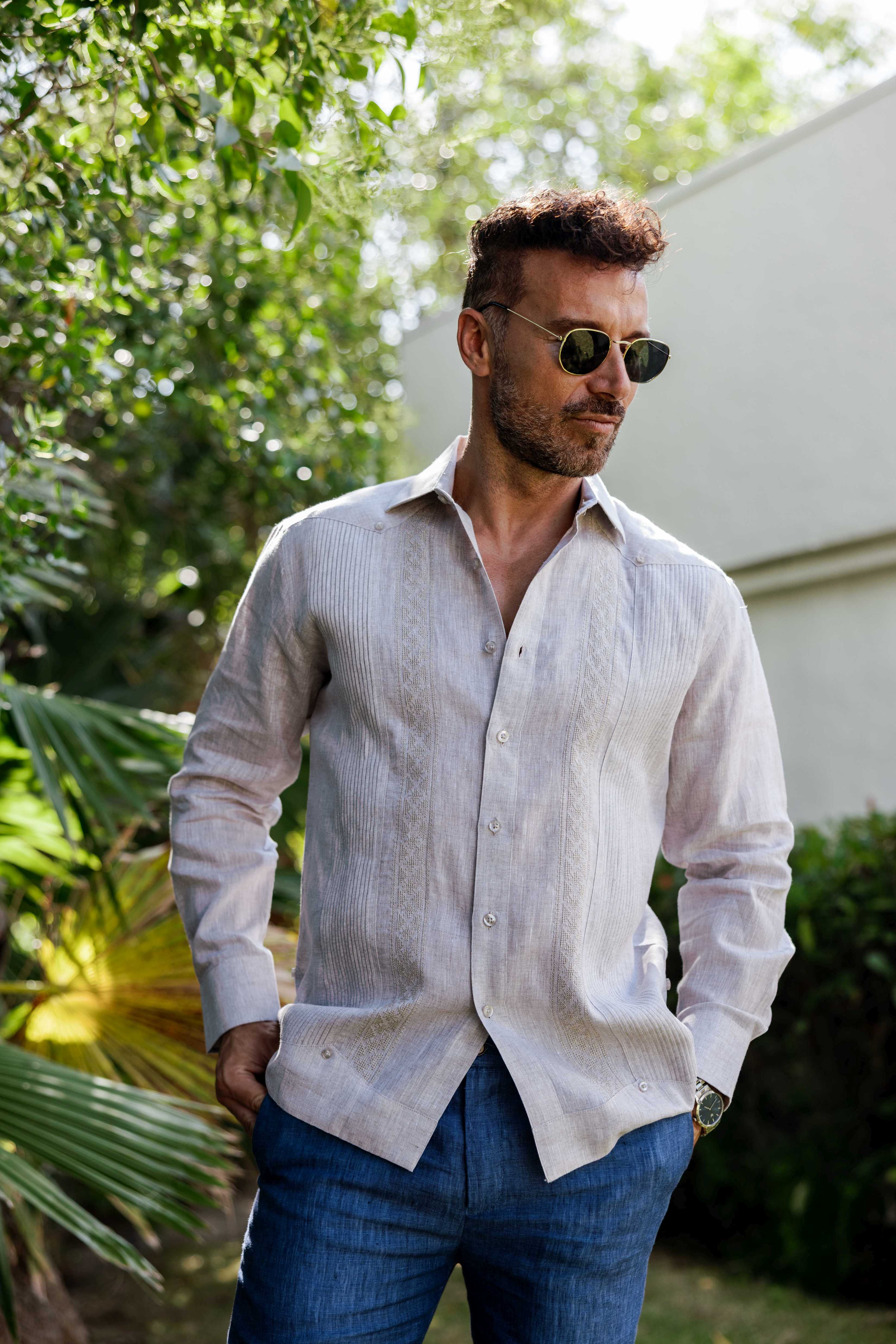 Men's 100% Linen Guayabera Shirt Long Sleeve - Geometric Embroidery