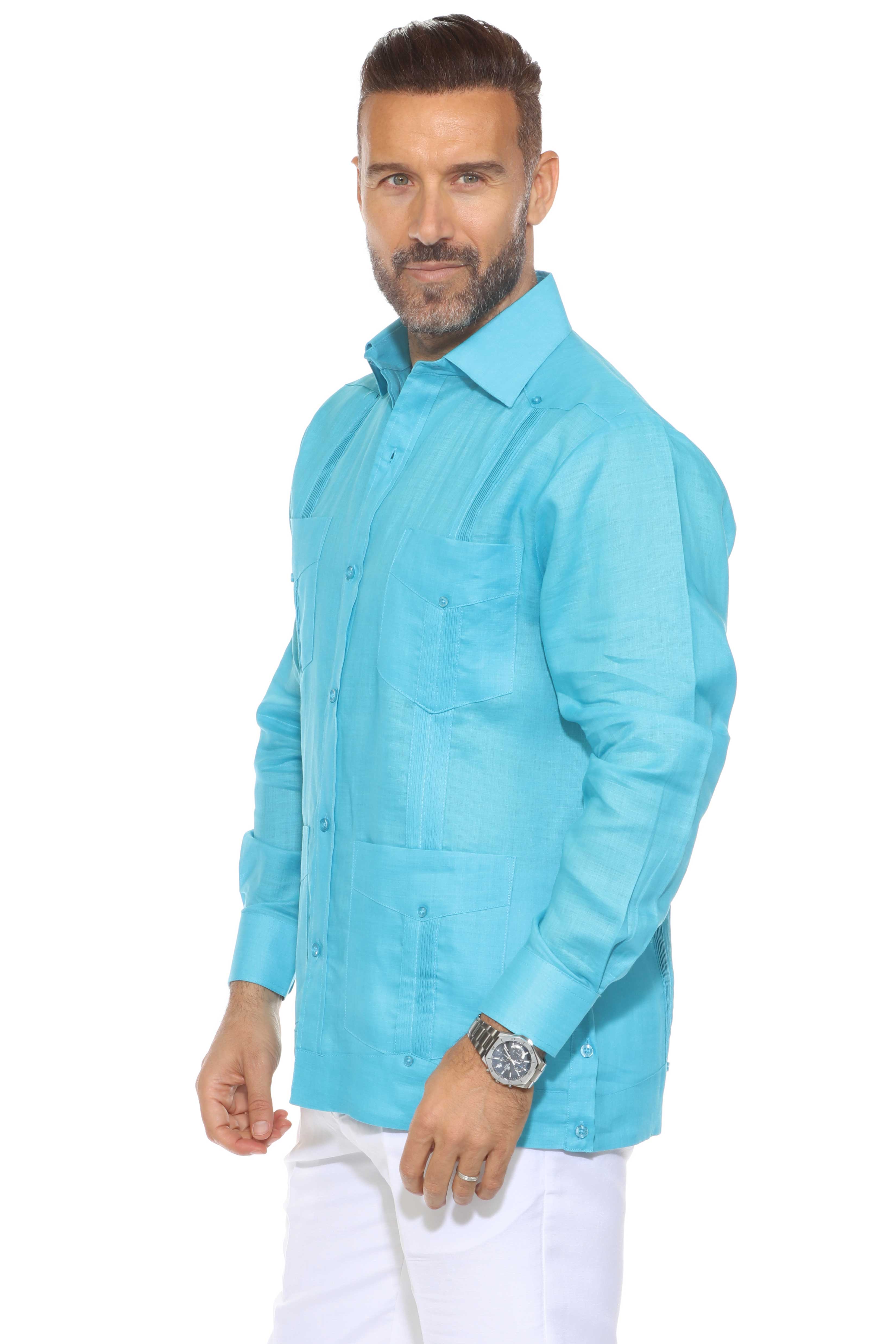 Camisa guayabera de manga larga con cuatro bolsillos para hombre, 100 % lino