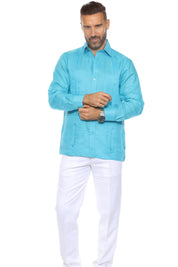 Camisa guayabera de manga larga con cuatro bolsillos para hombre, 100 % lino