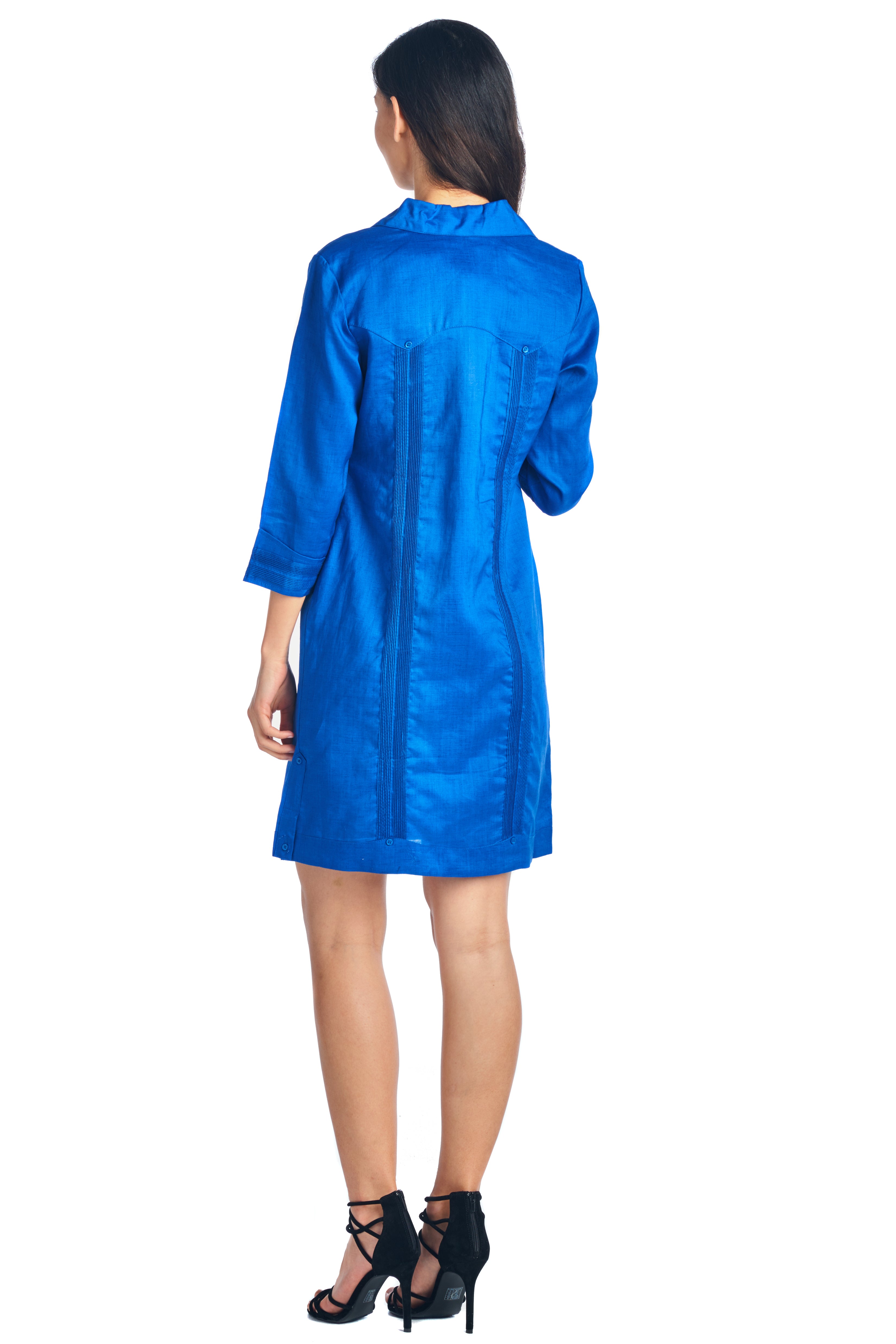 Vestido Guayabera para Mujer Estilo Clásico Mezcla de Lino Manga 3/4 y Botones