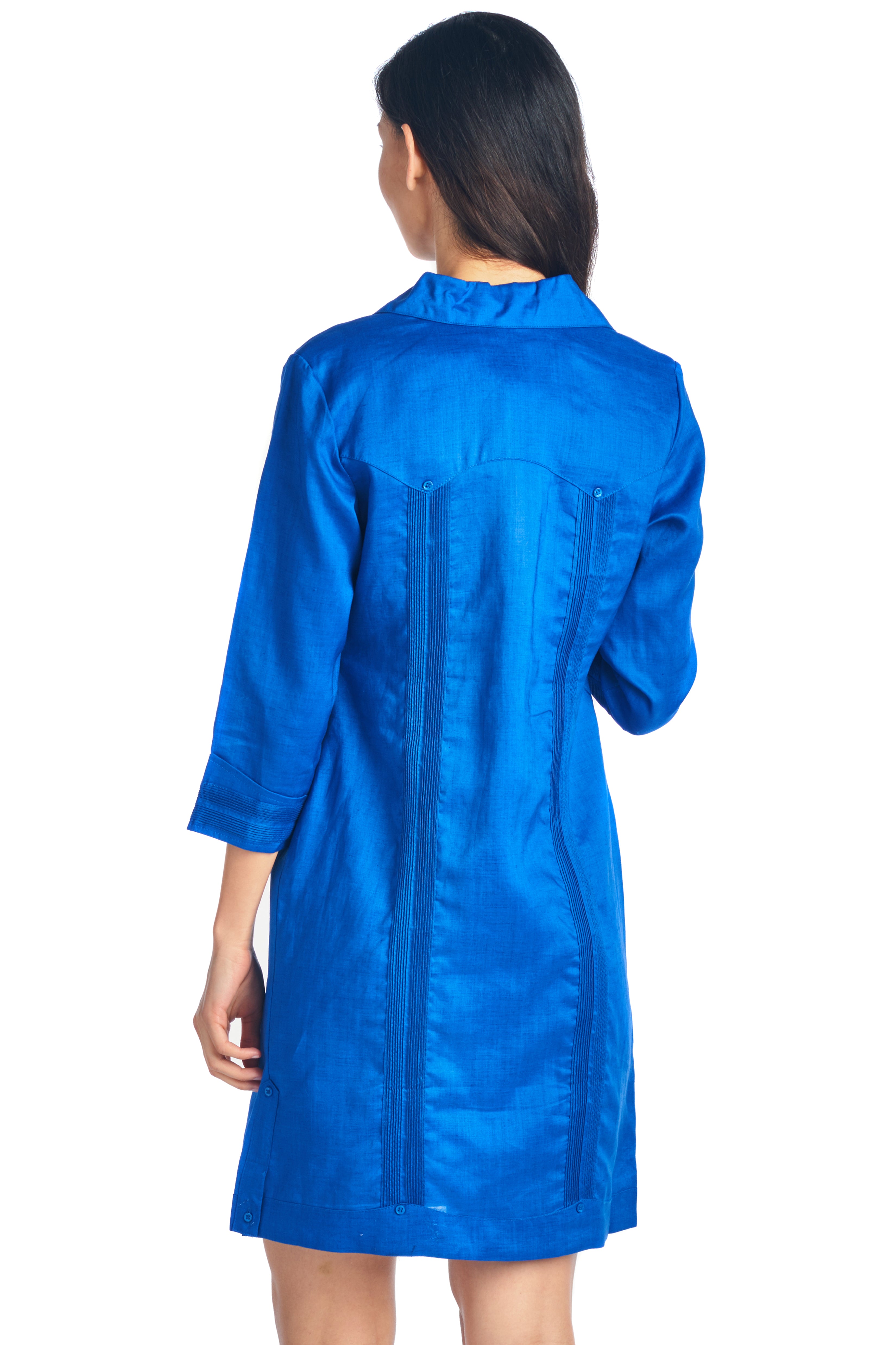 Vestido Guayabera para Mujer Estilo Clásico Mezcla de Lino Manga 3/4 y Botones