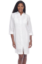 Vestido Guayabera para Mujer Estilo Clásico Mezcla de Lino Manga 3/4 y Botones