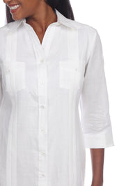 Vestido Guayabera para Mujer Estilo Clásico Mezcla de Lino Manga 3/4 y Botones